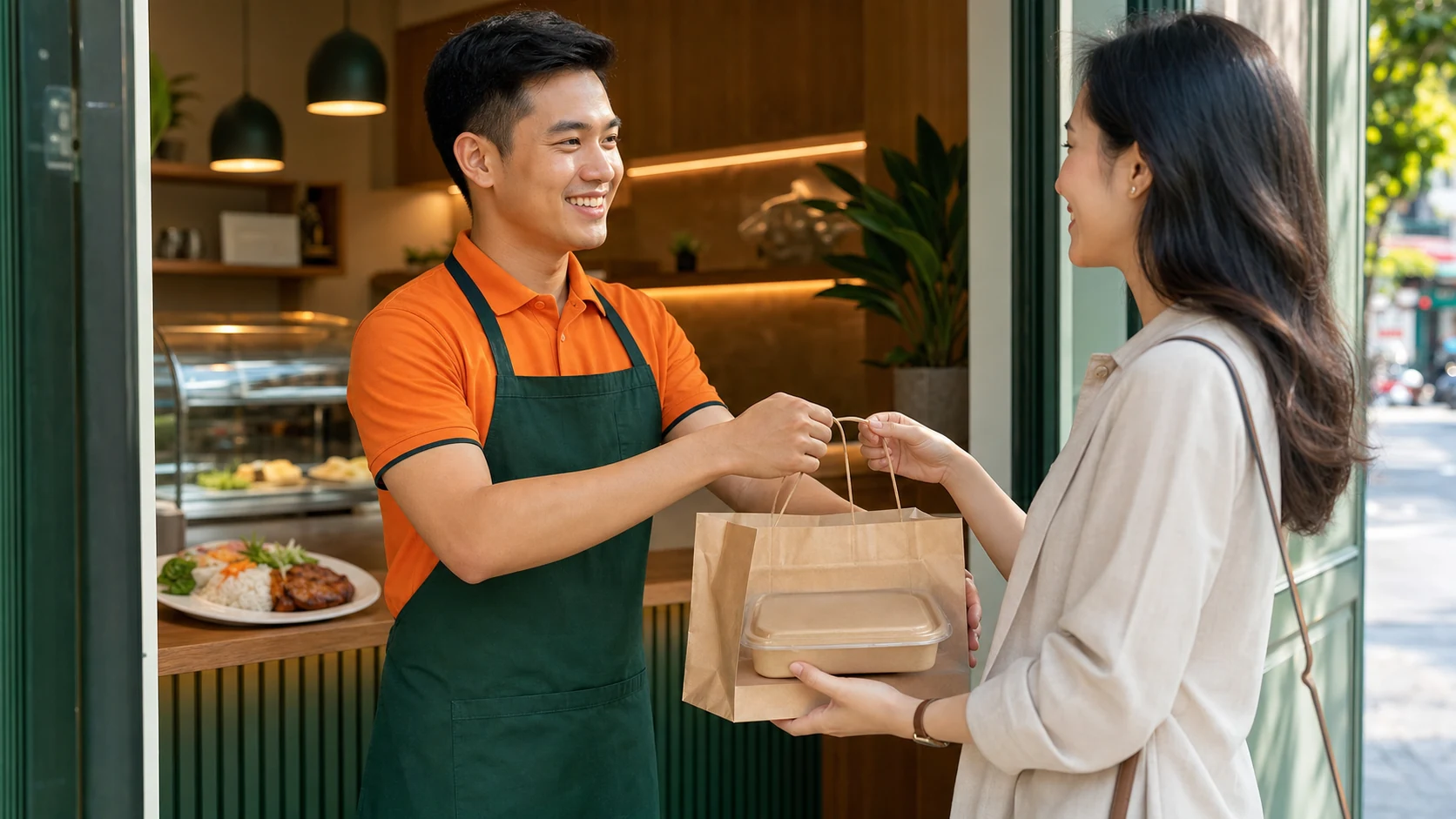 Nhân viên trao phần cơm mang đi cho khách