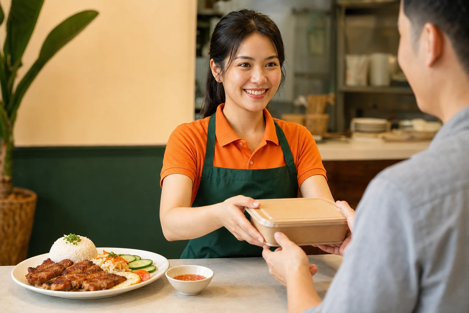 Nhân viên trao phần cơm nóng cho khách tại quầy