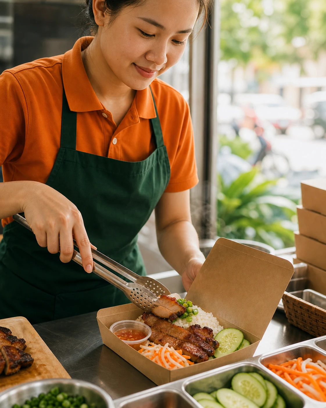 Nhân viên chuẩn bị phần cơm tấm mang đi